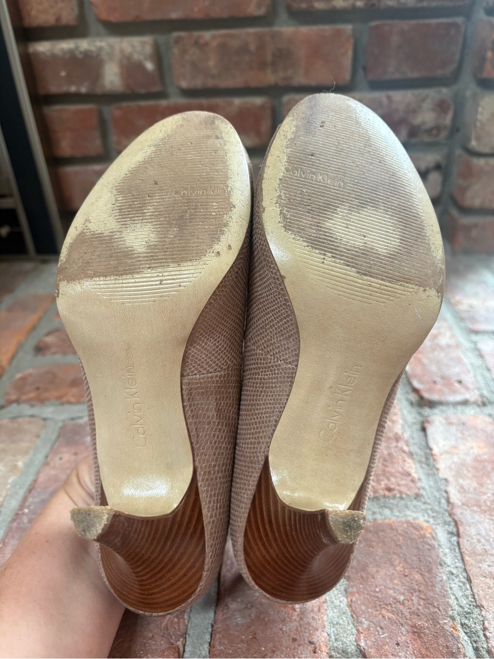 ⭐️ Calvin Klein Taupe Peep-Toe Heels with Subtle Lizard Texture - Picture 4 of 4